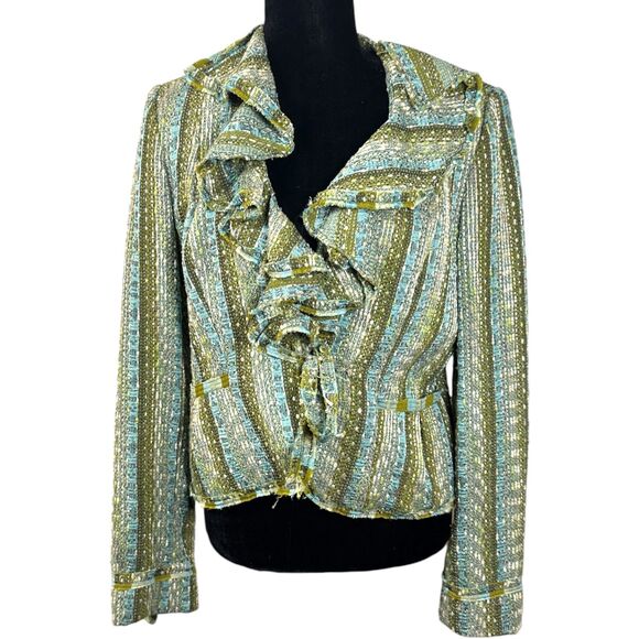 ECI Tweed Bucle Green Blue Cropped Blazer jacket Women's Size 10 - Picture 1 of 7